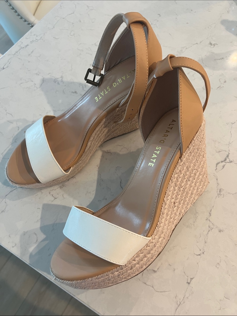Altar'd State Tan and White Espadrille Wedge Sandals with Ankle Strap